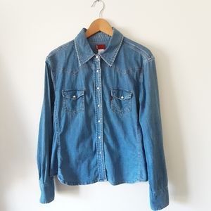 denim blouse with pearls